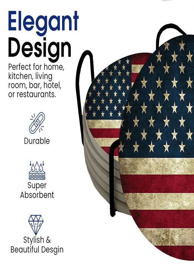 DAJDC USA American Flag United States Round Coasters Set of 6 - Abosrbent Ceramic with Metal Stand for Drinks, Coffee, Non-Slip Cork Back for Tabletop Protection, 4 Inches (Rustic) - Image 3
